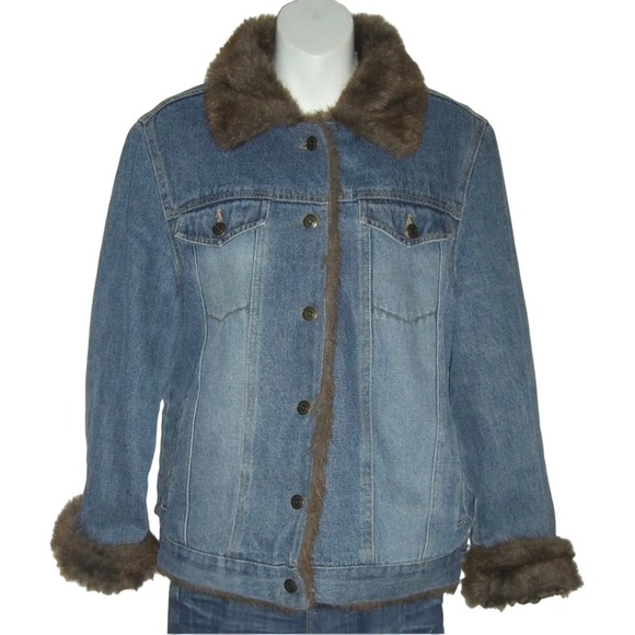 Vintage 90's Denim Jacket Faux Fur Penny Lane Fully Lined y2k Jean Coat Boho L - Picture 5 of 16